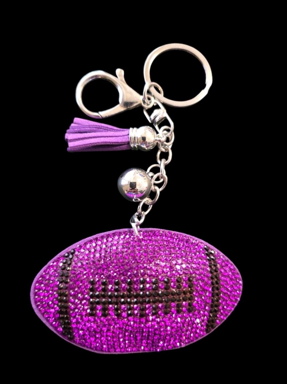Purple Rhinestone Football Bag Charm Keychain with Tassel